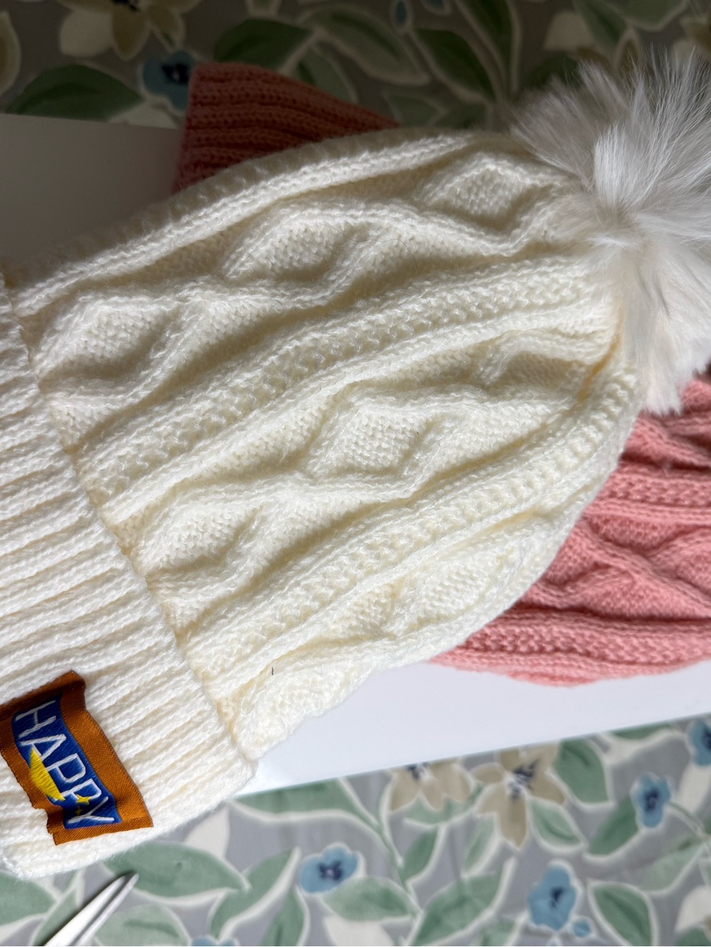 Cream Cable Knit Pom Beanie for Kids or Adults